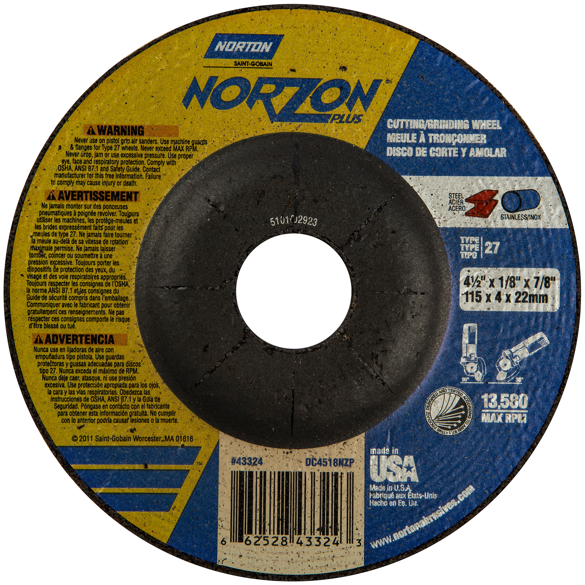 Norton Abrasives 4-1/2 x 1/8 x 7/8 In. Wheel